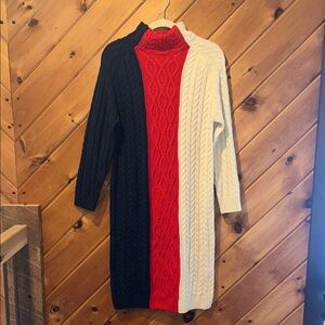 Red White & Blue Cable chunky knit long sleeve midi sweater dress